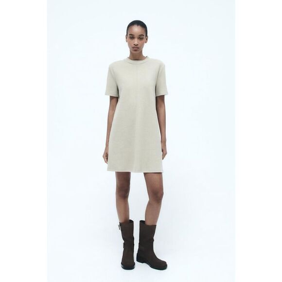 ZARA Short Sleeve Soft Mini Shift Dress In Gray - Picture 3 of 13